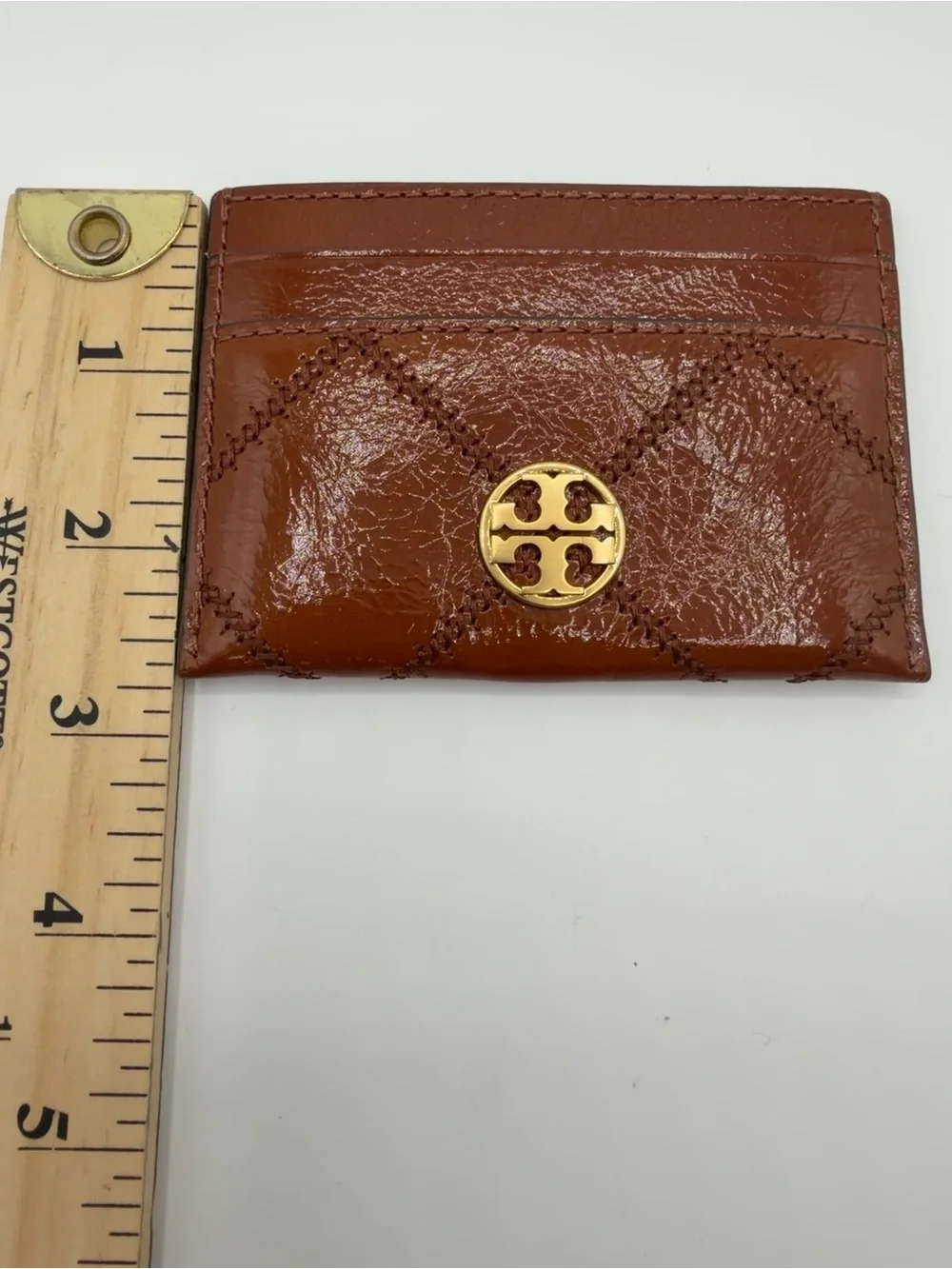 Tory Burch Willa Shine Slim Card Case Java Brown Crinkle Leather Quilted NWOT